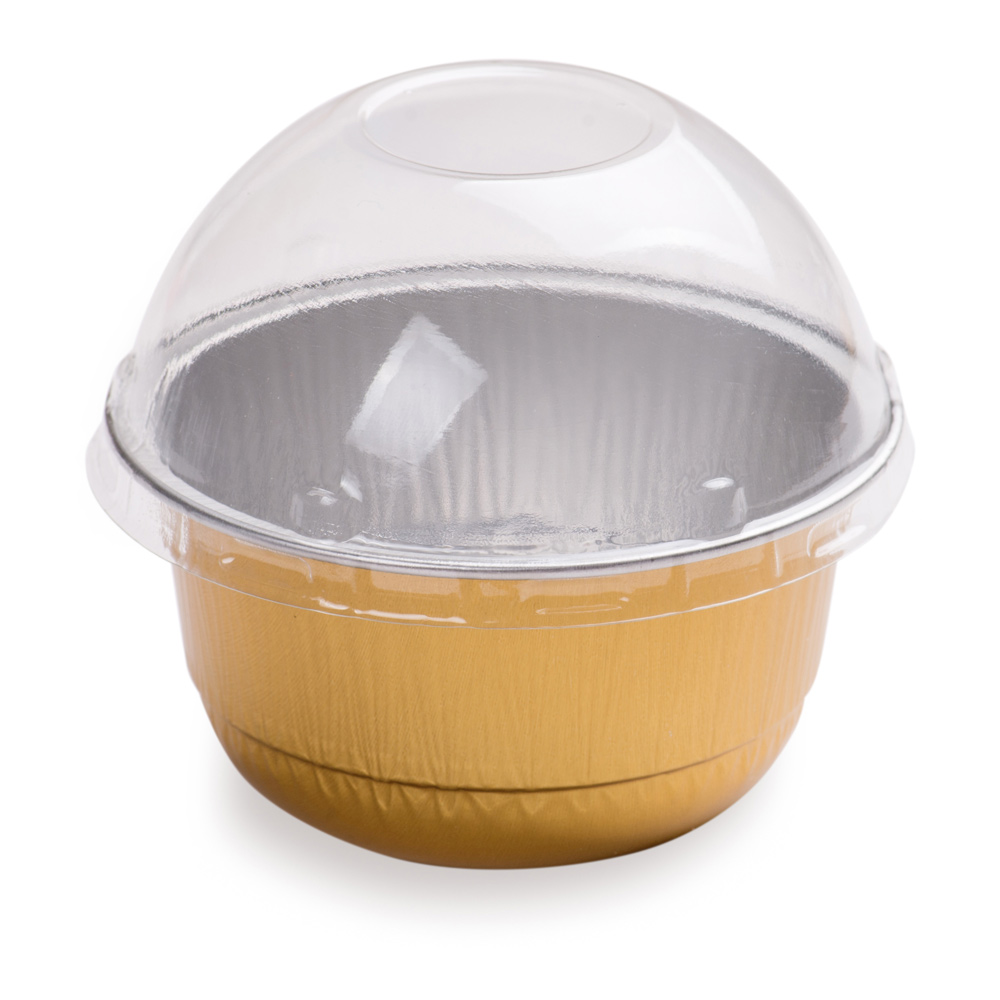 5 oz Round Gold Aluminum Baking Cup with Plastic Dome Lid 3 1/4" x