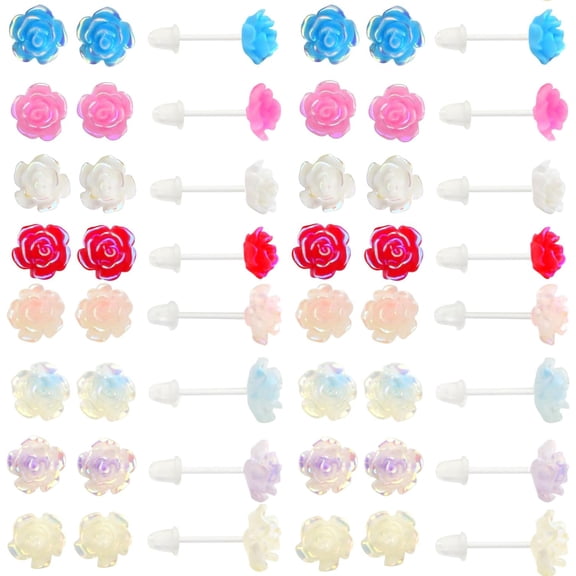 16 Pairs 8 Colors Hypoallergenic Plastic Roses Stud Earrings 8 mm Rose Flower Resin Earring Posts with Clear Earring Backs for Women Sensitive Ears Daily Sports Party