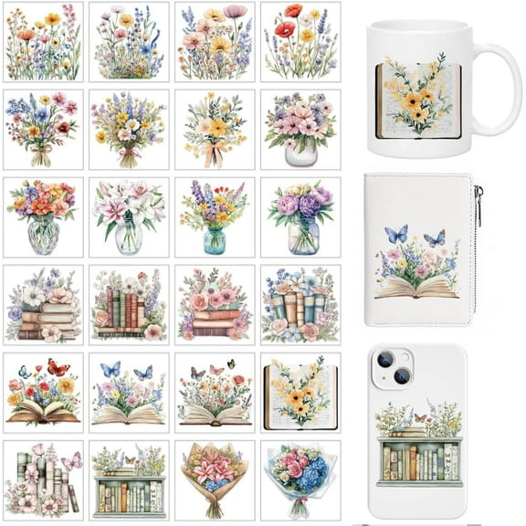 24 Sheets Flower Book Rub on Transfers for Crafts Floral Theme Rub on Transfer Stickers PVC Rub on Decal for DIY Cups Home Furniture Window Wood 8x8cm colorful