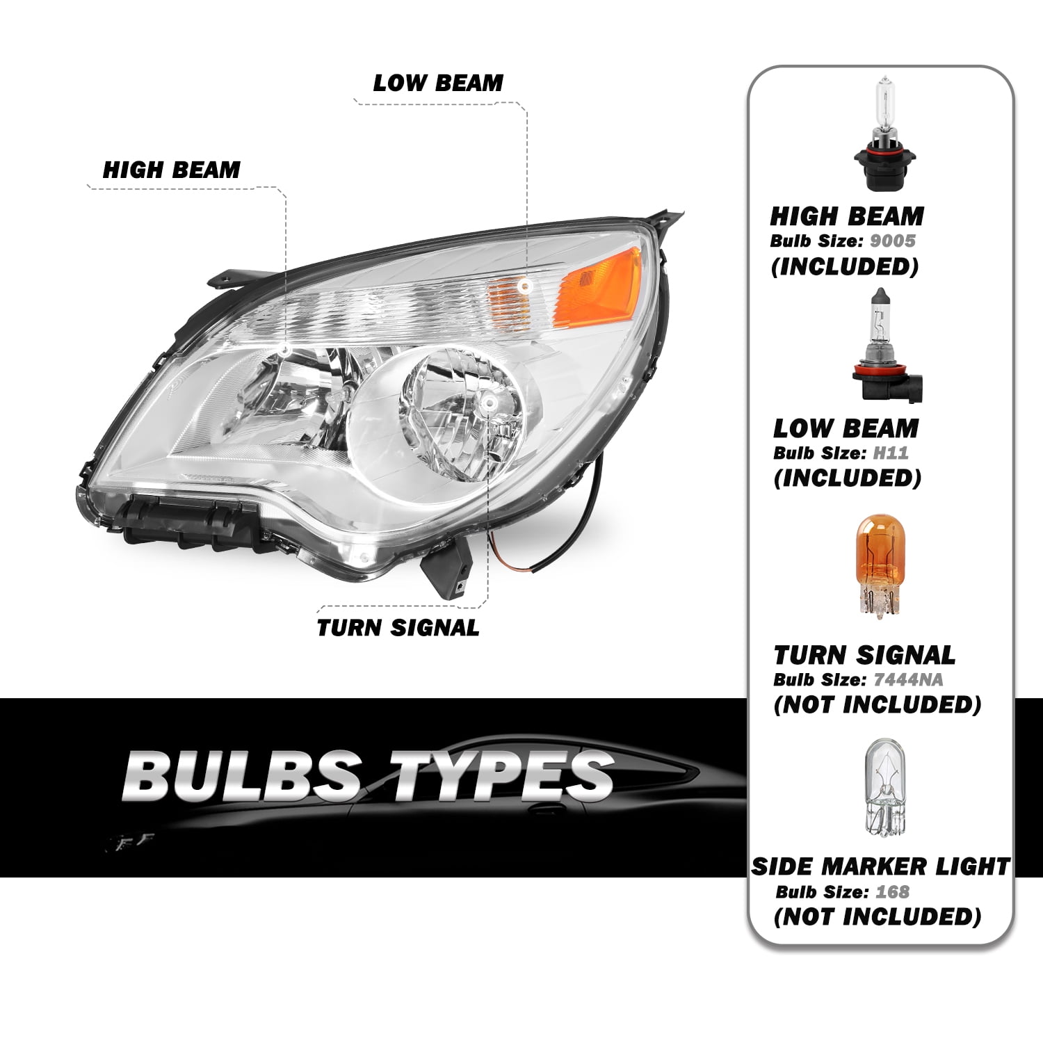 For 2010-2015 Chevy Equinox LS / LT Halogen Chrome Headlights Pair W/ bulbs