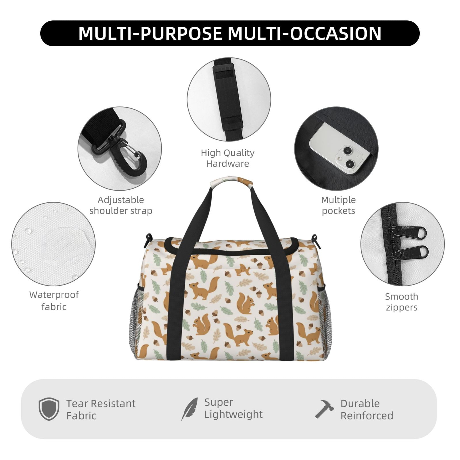 Fuzoiu Squirrel And Leaves Print Travel Duffle Bag,Carry On Tote Bags,Duffel Bag,Sport Gym Bag, Hospital Bag for Labor and Delivery, Overnight Bag,Luggage Bag