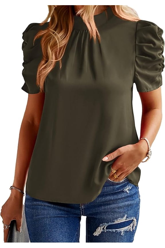 Womens Tops Dressy Casual Blouses Summer Spring Clothes Mock Neck Short Sleeve Shirts Business Work Fall Outfits