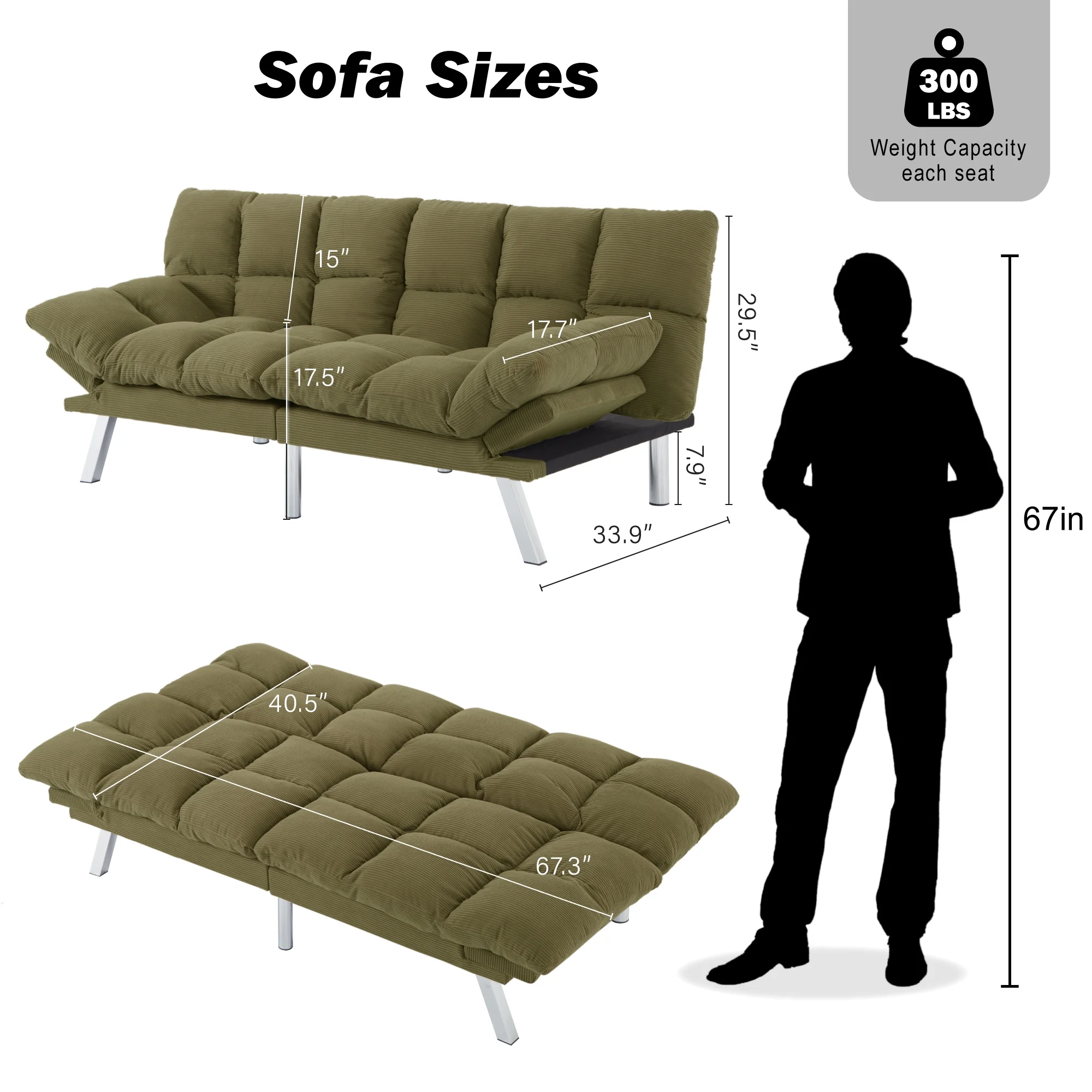 Gewnee 67.3 Inch Futon Sofa Bed, Corduroy Fabric Sleeper Sofa, Modern Loveseat for Apartments and Offices, Adjustable Backrest and Armrests.Green