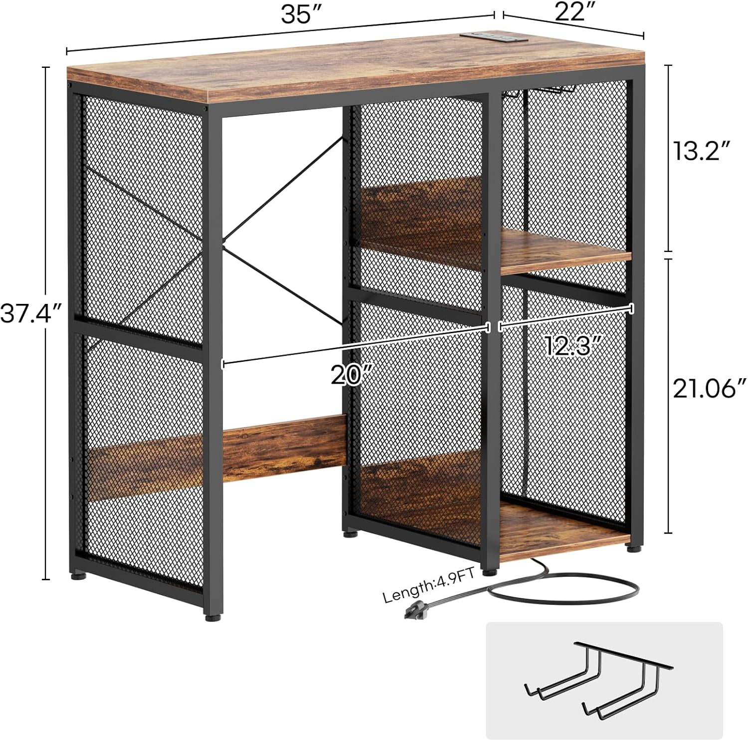 iSunirm Mini Fridge Stand with Storage Shelves, Kitchen Bakers Rack Microwave Stand with Charging Station & Glass Holder for Dining, Kitchen, Living Room, Rustic Brown