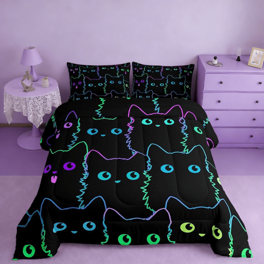 Manfei Cute Cat Full Size Comforter Sets,Cute Kitten Animal Colorful Bedding Sets For Kawaii Cat Lover Reversible 3 Pieces