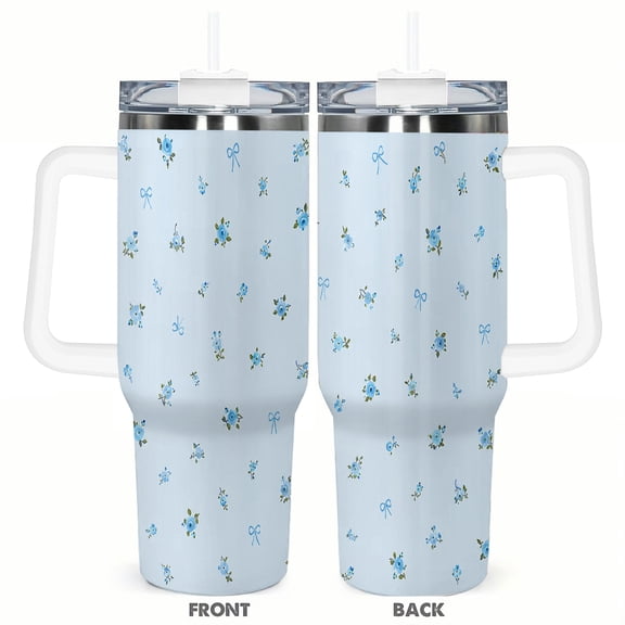 40oz Blue Floral Bow Insulated Tumbler with Handle and Straw Cute Watercolor Travel Coffee Cup Gift