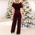 thumbnail image 5 of Velvet Playsuit for Women Elegant V Neck Romper Wide Lge Short Sleeve Jumpsuit High Waist Belted Dungarees Velour Petite Overalls Wedding Party Clubbing Jumpsuits, 5 of 6