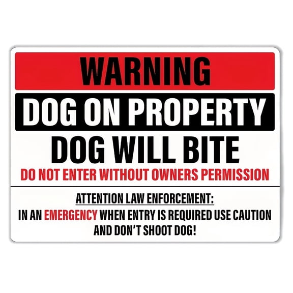"Warning Dog On Property Dog Will Bite" Metal Security Sign, Aluminum Outdoor Gate Plaque, 12x8 Inch Do Not Enter Warning for Yard, Fence, Private Property