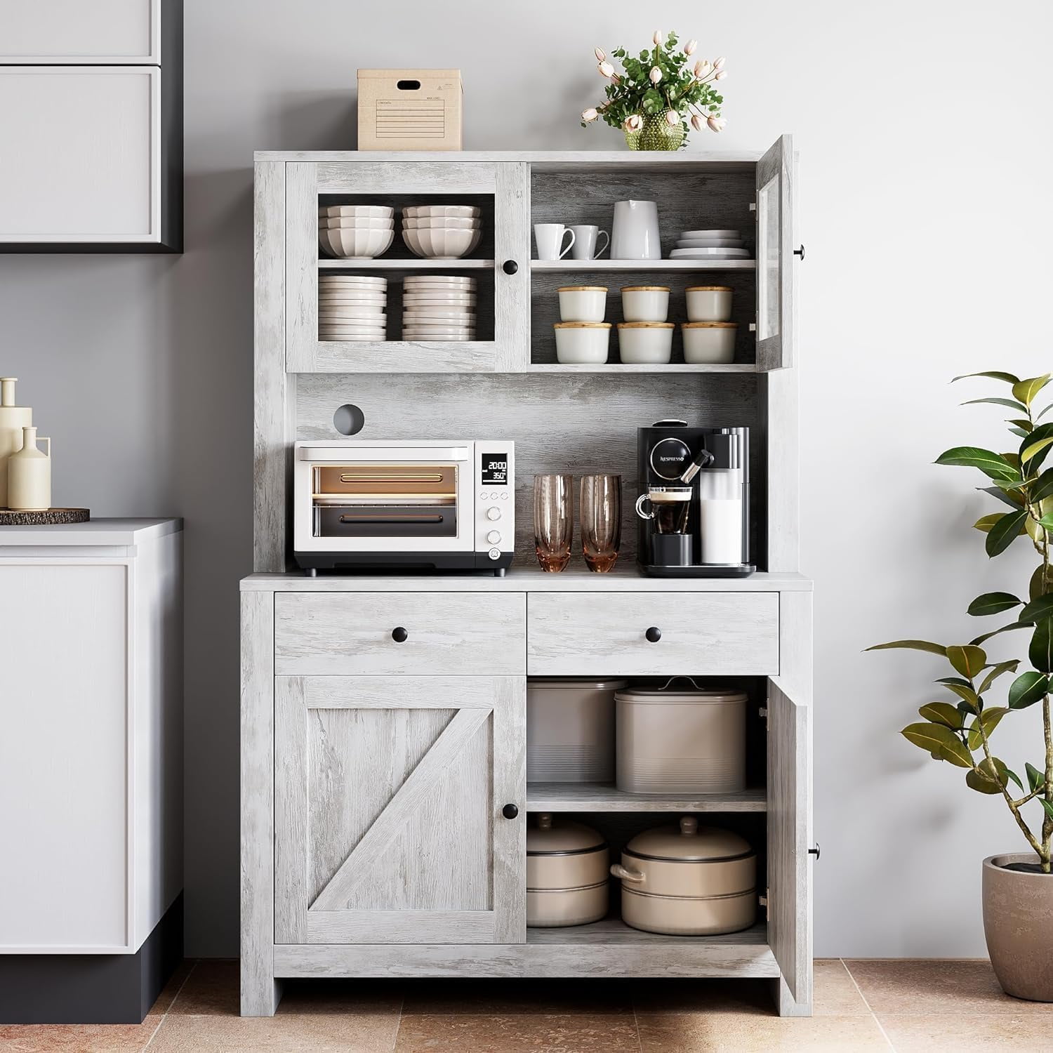 Kitchen Pantry Cabinet with Microwave Stand, Freestanding Hutch Cabinet with Buffet Cupboard, Tall Storage Cabinets with Adjustable Shelves for Kitchen, Dining Room