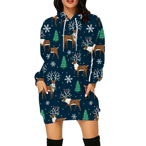 Lilgiuy Women Casual Loose Long Sleeve Printing Drawstring Hooded Dress Navy Fall Dresses for 2022 Spring Winter