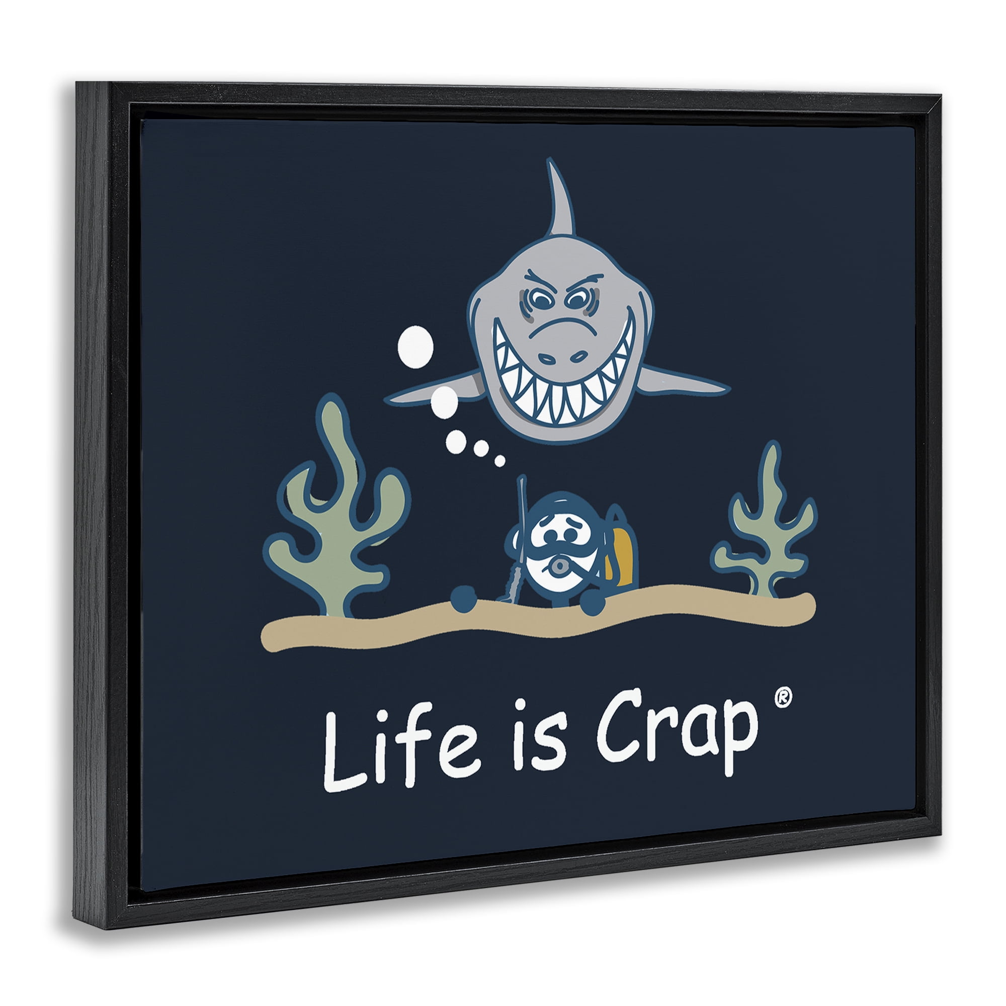 Stupell Industries Scary Scuba Shark Novelty & Humor Painting Black Floater Framed Canvas Art Print Wall Art, 21 x 17