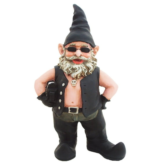 Homestyles "Biker Dude" the Biker Gnome in Leather Motorcycle Riding Gear Holding His Saddlebag Home & Garden Large Outdoor Statue 14.5"H