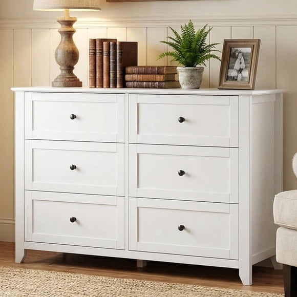 6 Drawers Dresser for Bedroom, 54" W Modern Storage Chest of Drawers for Clothes, Storage Dressers Organizer with Deep Drawers for Living Room, Hallway, White