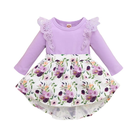 Toddler Baby Girls Clothes Baby Girls Dress 12-18 Months Baby Girls Long Sleeve Round Neckline Floral Dress Purple