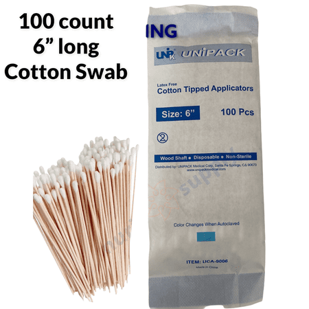 100pcs Cotton Swabs Tips Applicator Non-Sterile 6" in Paper Bag Long Wooden Shaft
