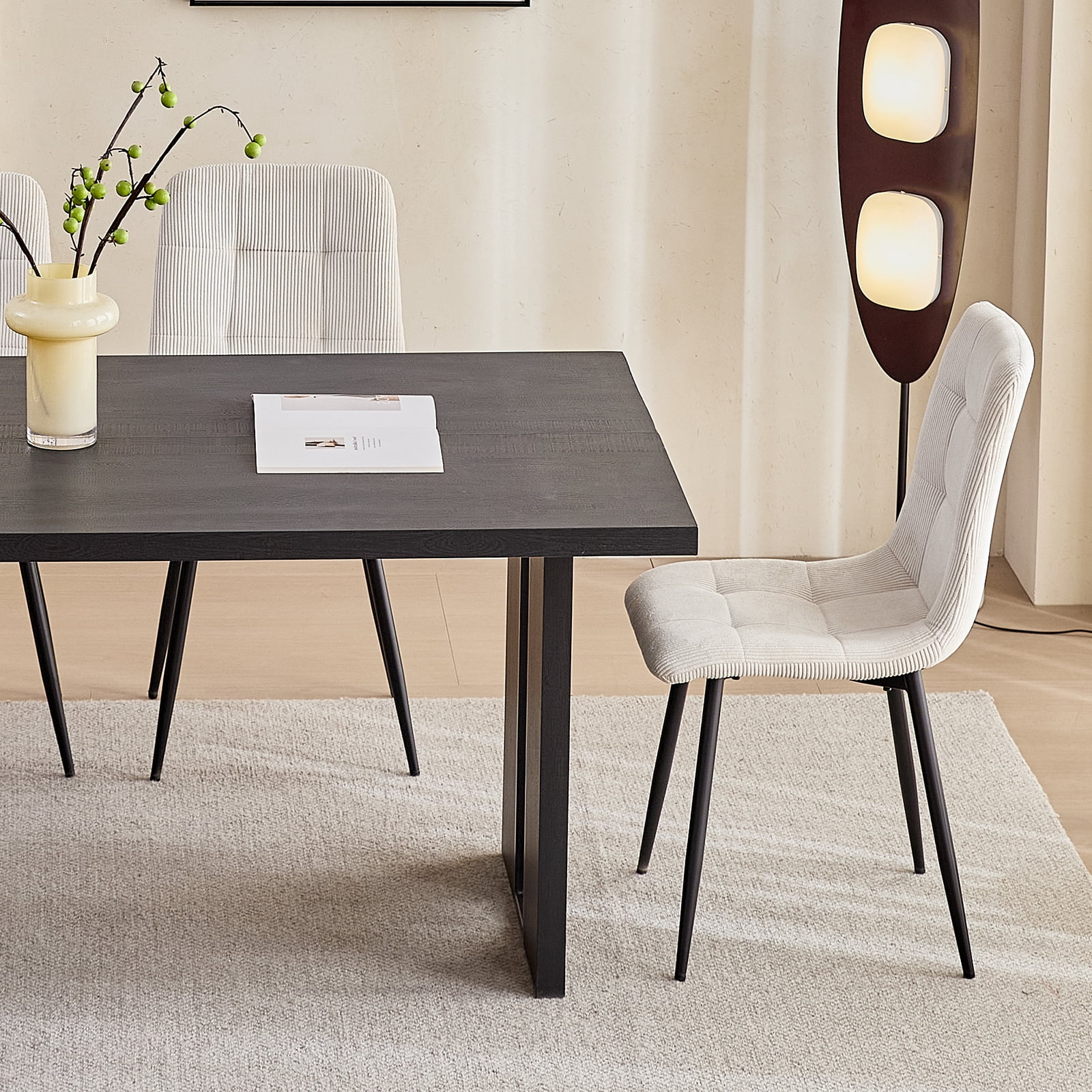 63" Dining Table Set for 4 6 People, 5 Piece Kitchen Dining Room Table with 4 White Corduroy Chairs for Living Kitchen Room Apartment