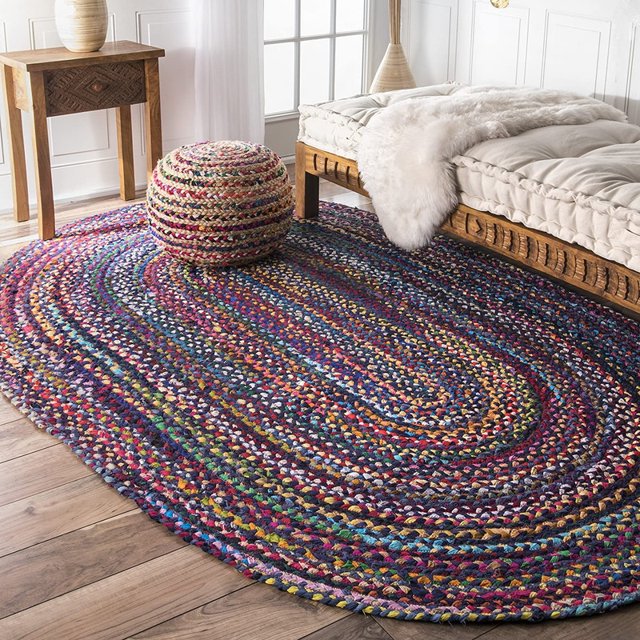 3x5 Ft Oval Blue Shade Multi Cotton Area Rug, Hand-Woven, Reversible, Farmhouse Boho Style, Durable & Pet-Friendly Rug for Living Room, Dining Room, and Bedroom