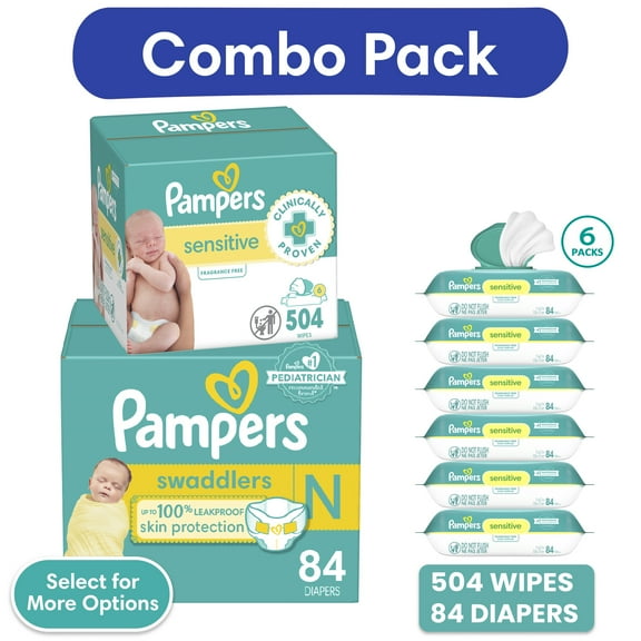 Pampers Swaddlers Diapers, Size 1, 96 Count and Pampers Sensitive Baby Wipes 6-Pack 504 Wipes (Select for More Options)