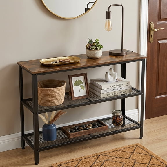 40" 3-Tier Industrial Entryway Table – Narrow Console Table with Storage Shelves, Rustic Wood & Metal Frame Sofa Table for Living Room, Hallway, Bedroom
