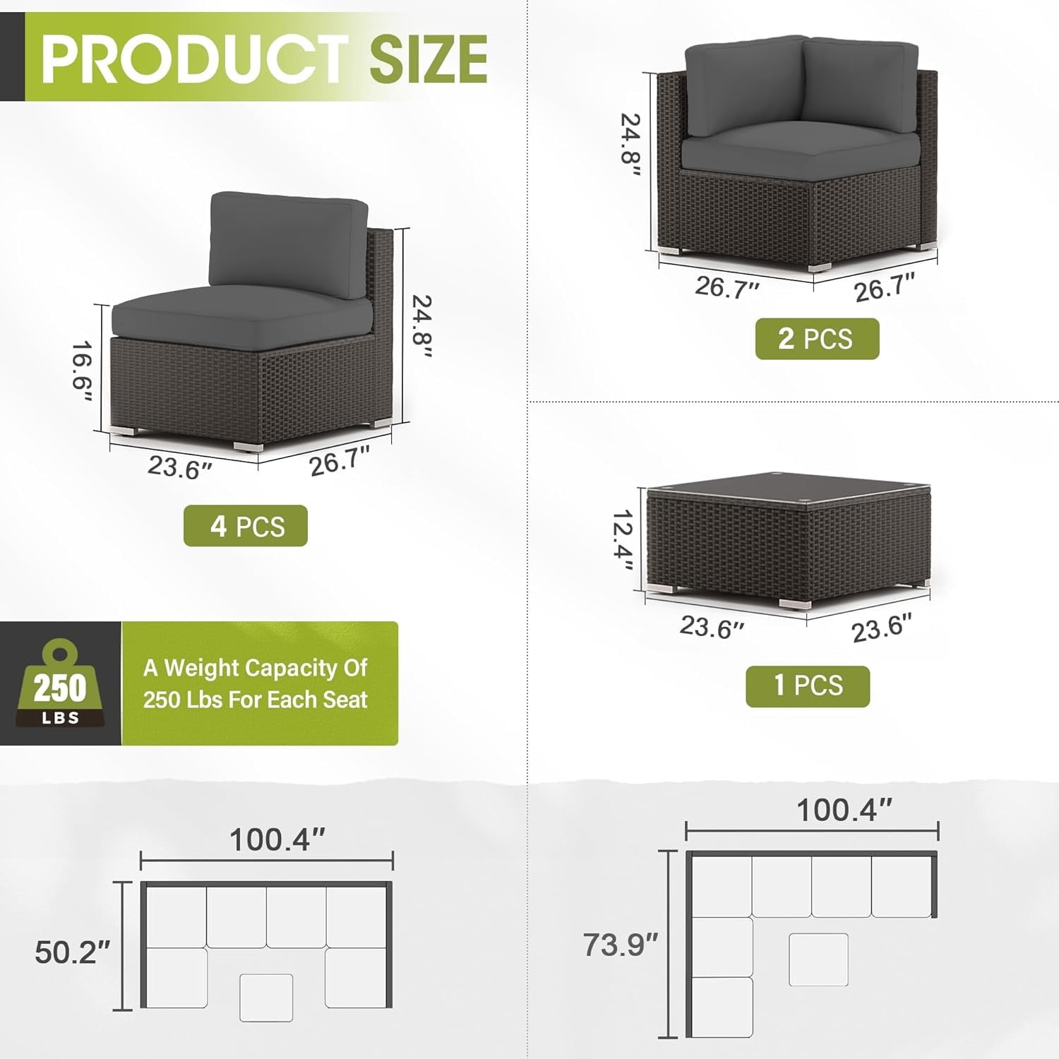 SOLAURA 7-Piece Patio Furniture Outdoor Black Wicker Rattan Sectional Sofa Set Conversation Set with Gray Cushions