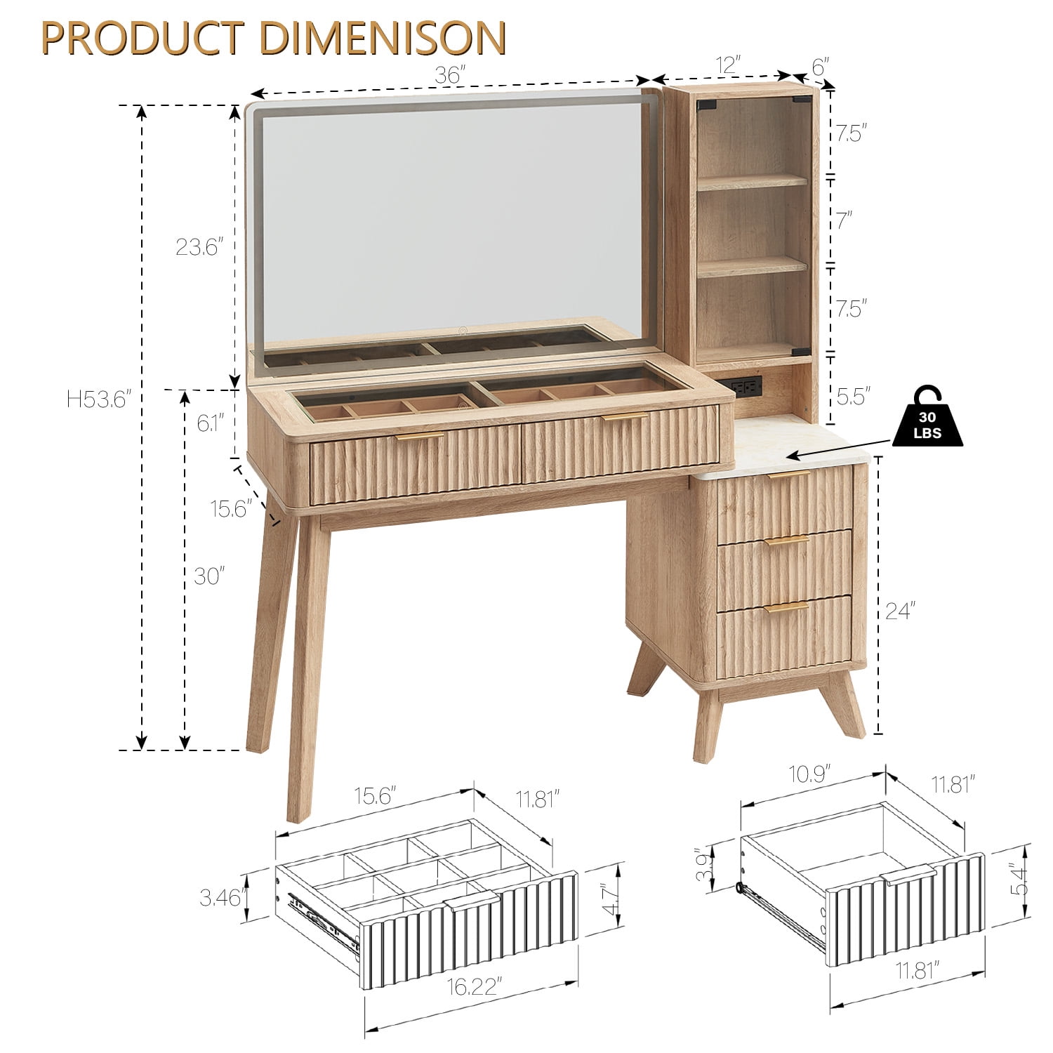 OKD 48" Fluted Vanity Desk with 36" Mirror and Lights, Modern Makeup Table with 5 Drawers, Charging Station, Adjustable Shelves - Oak