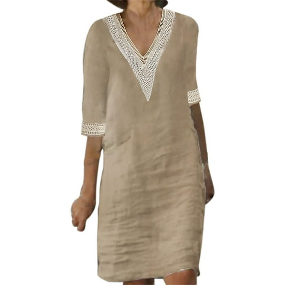 Baqcunre Womens Dresses Women'S Fashion Solid Color V Neck Lace Stitching Half Sleeve Dress Women'S Casual Dresses Midi Dress Brown Dress L