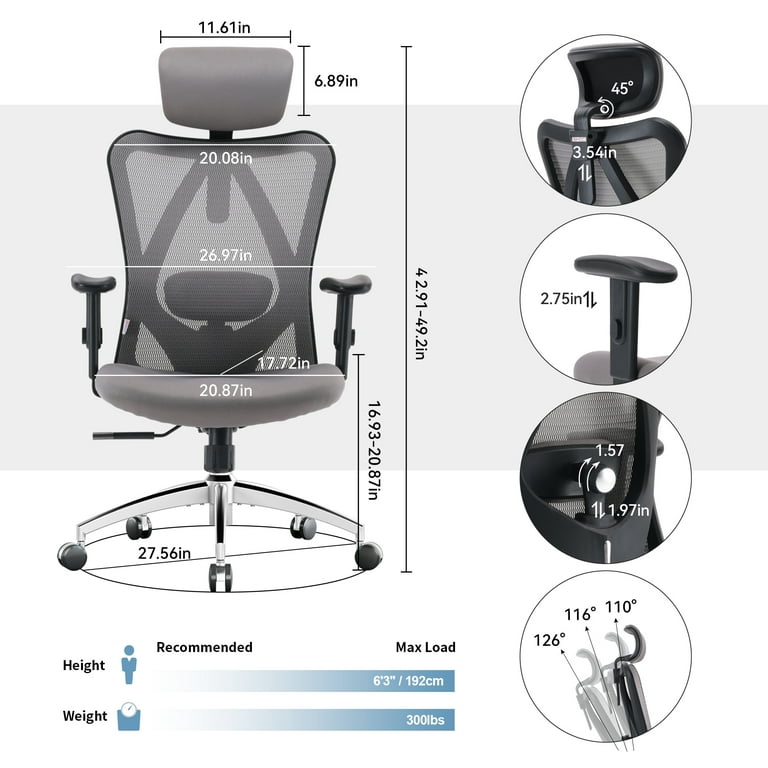 SIHOO M18 Ergonomic Office Chair for Big and Tall People Adjustable  Headrest with 2D Armrest Lumbar Support and PU Wheels Swivel Tilt Function  Black