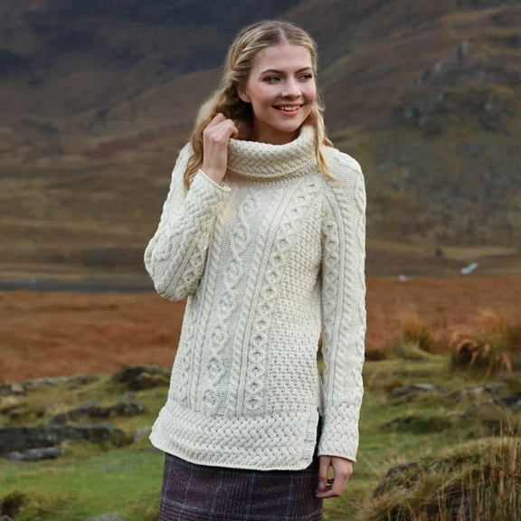 Aran Woollen Mills Women’s Cowl Neck Wool Sweater, Natural, Medium