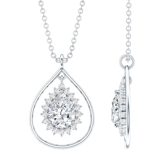 Rosec Jewels Lab Created Diamond Teardrop Pendant with Halo - EF-VS Quality - Ready to Gift for Birthday, 925 Sterling Silver