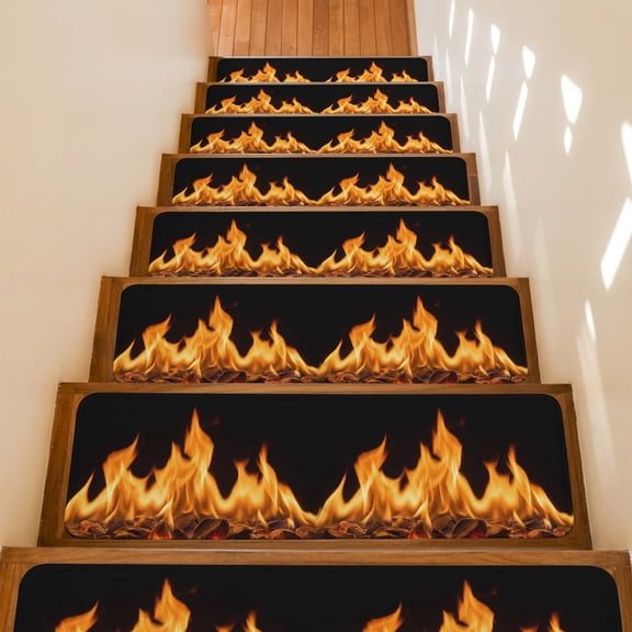 Orange Flames Stair Treads Non Slip for Steps Neon Style Black Background 7 Pcs Reusable Adhesive Stair Runner Mats for Dogs Elders Carpet Treads Rugs for Staircase 8x30 In