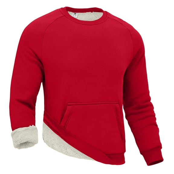 Fshiont Men's Sherpa Lined Sweatshirts Warm Soft Crewneck Sweatshirts Heavyweight Winter Pullover Kangaroo with Pouch Pocket Red L