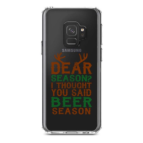 DistinctInk Clear Shockproof Hybrid Case for Samsung Galaxy S9 (5.8" Screen) - TPU Bumper Acrylic Back Tempered Glass Screen Protector - Dear Season? I Thought Beer Season