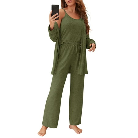 

Women s Spring Pajamas 3 Piece Casual Camisole Wide Leg Pants and Cardigan Homewear Pajamas