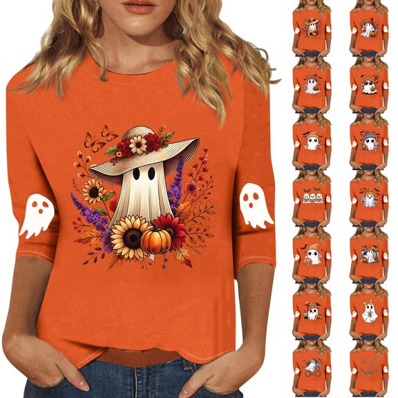 Trgacdwlo Halloween Shirts for Women 3/4 Length Sleeve Funny Pumpkin Graphic Womens Shirts Crew Neck Spooky Season Fall Pullover Tops S