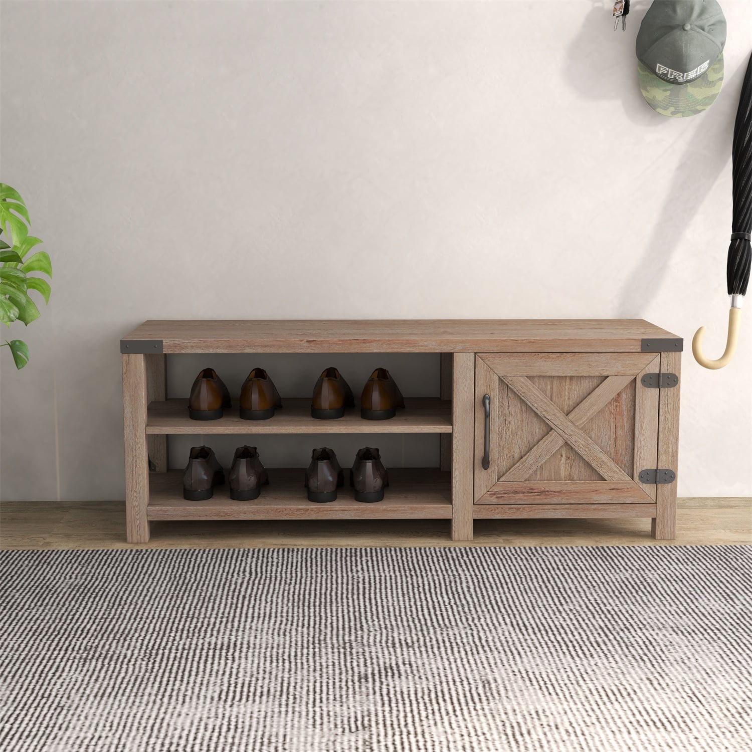 Kadyn Modern Farmhouse Shoes Bench, Particle Board Bench for Entryway Living Room, Light Brown Shoes Bench, Tobacco Wood, Without Seat Cushion