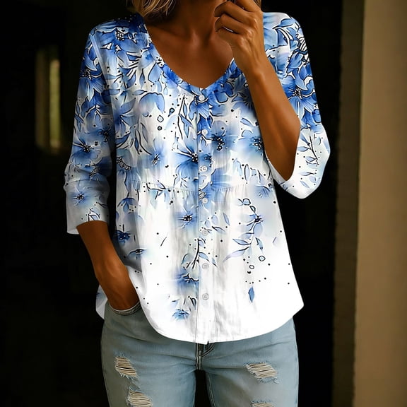 Mifsaly Button Down Shirts for Women Floral Print V Neck 3/4 Sleeve Linen Tops Empire Waist Lightweight Boho Summer Top Beach Vacation Daily Wear Outfits L