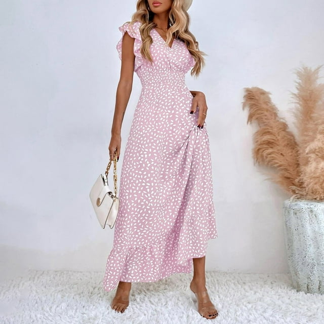 IDALL Robes d'Été, Robes Maxi Femmes Robe Maxi pour Femmes Manches à Volants Longue Robe de Plage Bohème Décontractée Robe Florale d'Été, Longues Robes, Robes Mode Robe Violette S