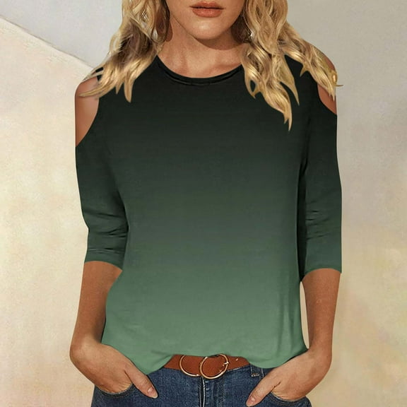 Goodtrade8 Cold Shoulder Womens Tops Plus Size Green Casual Gradient 3/4 Sleeve Crew Neck Winter Shirts for Women Plus Size