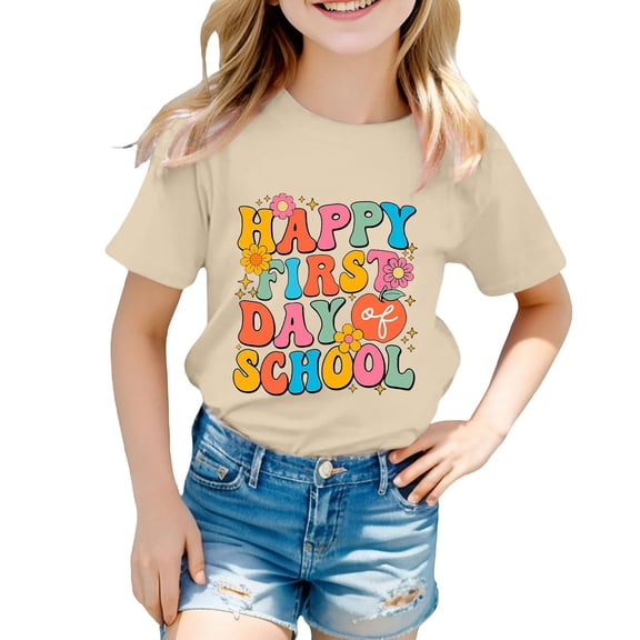 Kids Happy First Day Of School Floral Letter Graphic T Shirt Crew Neck Soft Cotton Short Sleeve Tee for New Term Entrance and Kindergarten Daily Classroom Outfits Beige 100