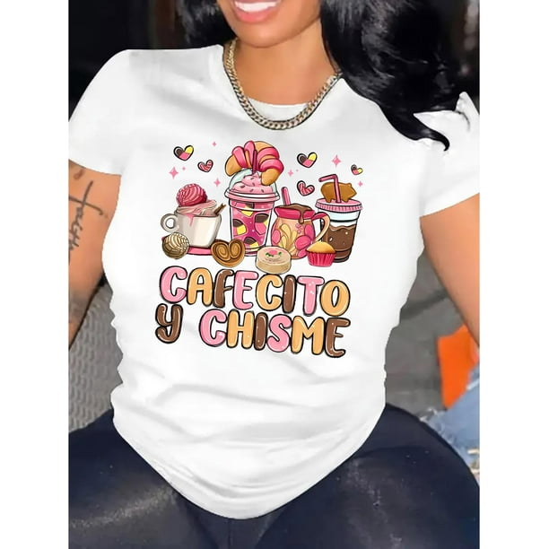Camiseta de Verano para Mujer "1pc Women's Casual Round Neck Short Sleeve T-Shirt with ""Cafecito y Chisme"" Dessert Graphic Print, Polyester Blend, Geometric Pattern - Comfortable All-Season Top -