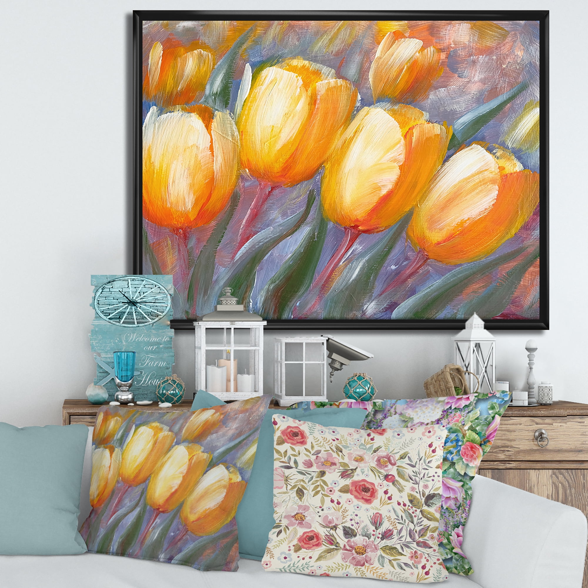 Designart 'Abstract Yellow Blooming Tulips' Traditional Framed Canvas Wall Art Print
