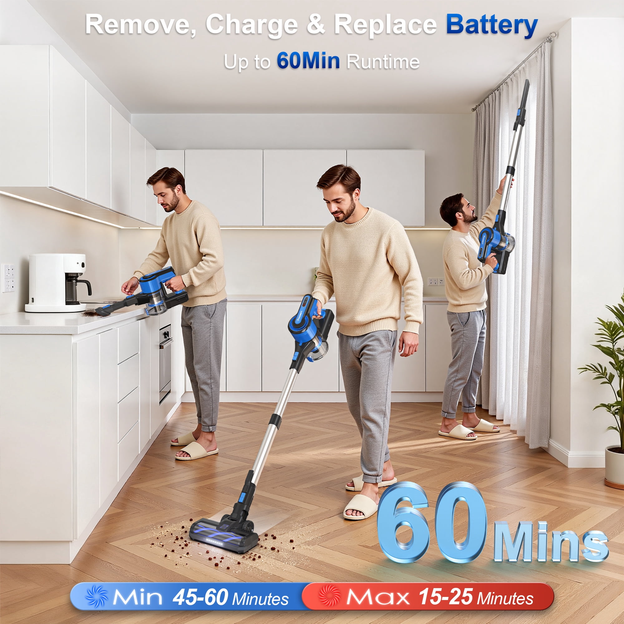 Cordless Vacuum Cleaner, 8 in 1 Powerful Stick Handheld Vacuum, 45Kpa Vacuum Cleaner, 60min Runtime, Lightweight Brushless Stick Vacuum for Hard Floor Carpet Pet Hair by POWEART