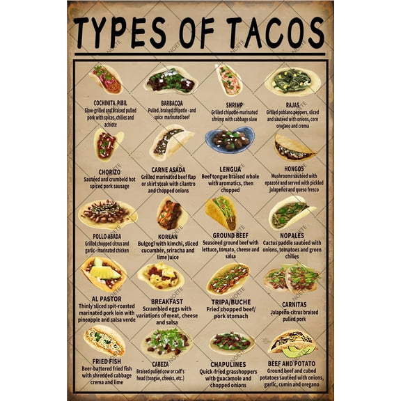 Noete Vintage Types of Tacos Knowledge Tin Sign Retro 8x12 Inch Metal Wall Art for Home, Bar, Cafe & Garage Decor Durable & Stylish Tin Poster