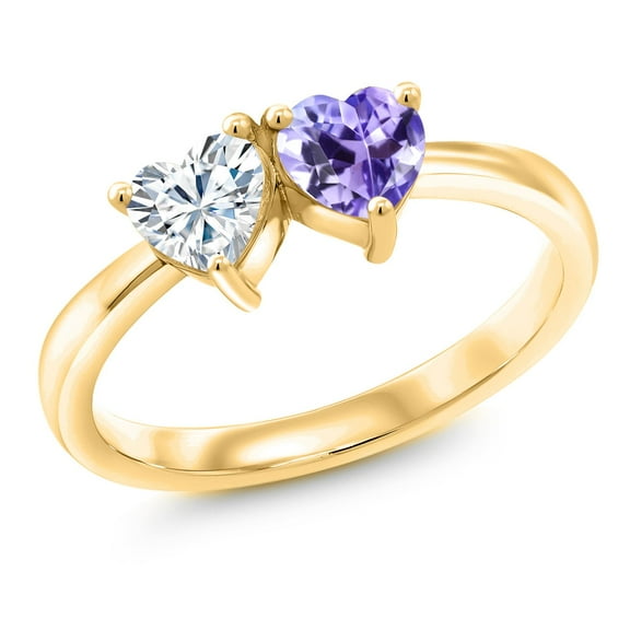 Gem Stone King 18K Yellow Gold Plated Silver Blue Tanzanite Ring Set with Moissanite (0.92 Cttw) (Size 6)
