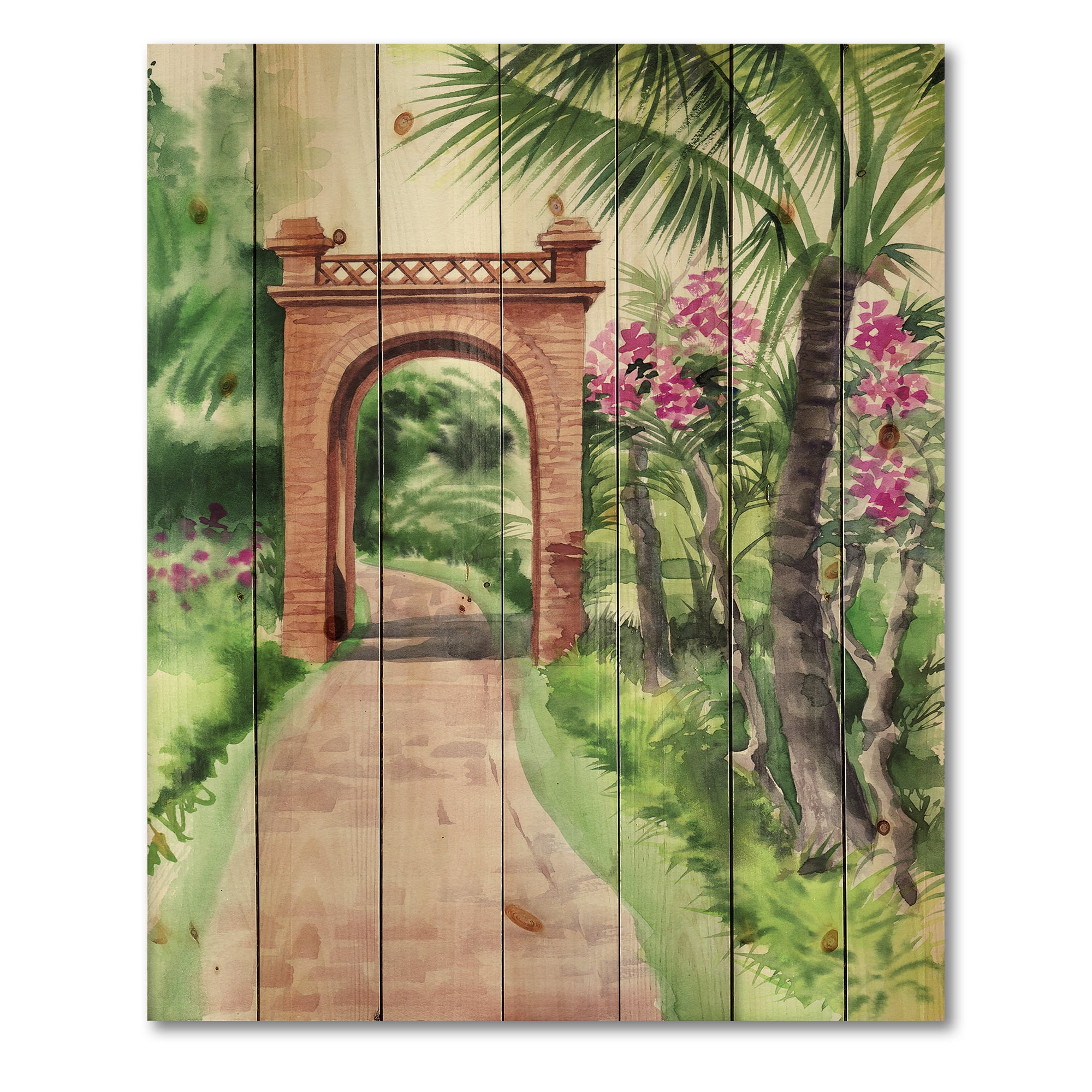 Designart 'Traditional Gate On Path In Tropical Oasis' Tropical Print on Natural Pine Wood