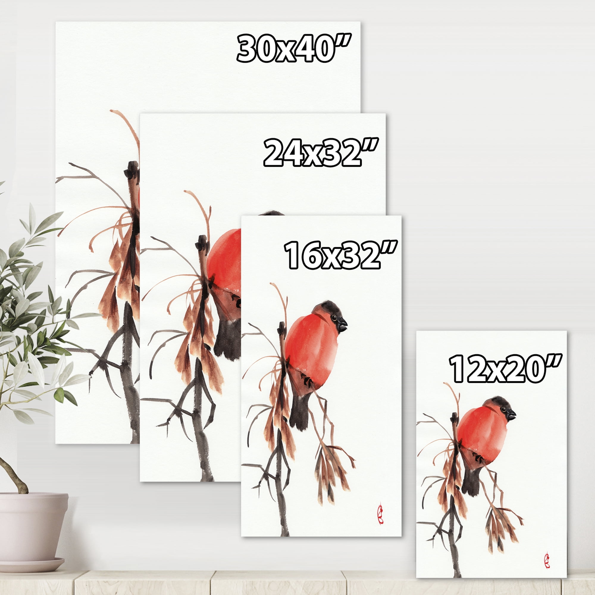 Red Bullfinch Bird Sitting On A Branch 16 in x 32 in Painting Canvas Art Print, by Designart