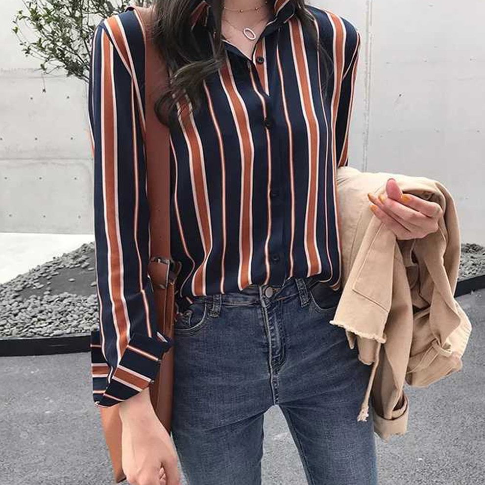 Brand New Early Autumn Women's Korean Version Of The Loose Bf Striped Shirt Women's Long-sleeved Shirt Bottoming Shirt Thin Section
