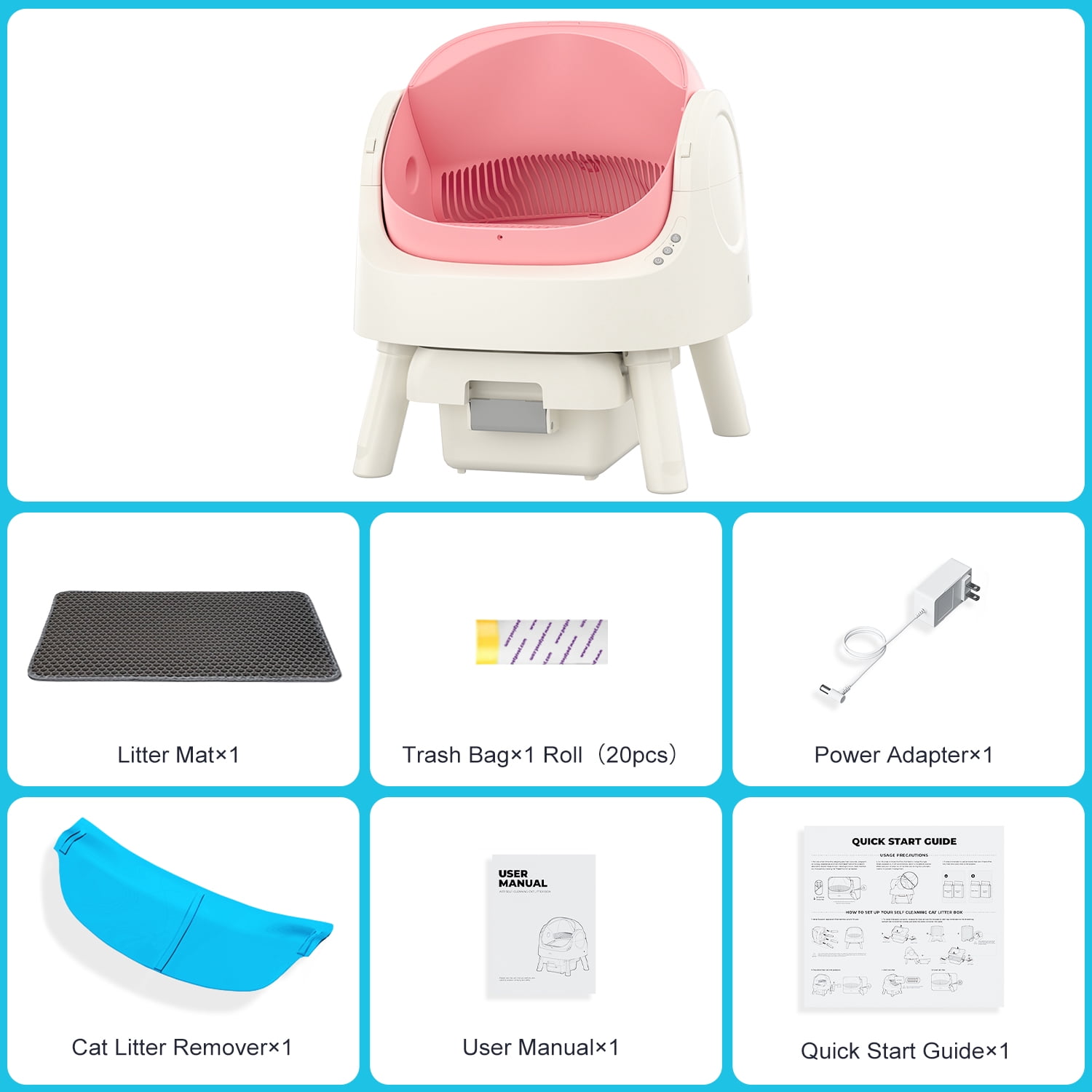 PetPivot Automatic Cat Litter Box Self-Cleaning with Safety Protection, Mat and Trash Bags Included, Pink