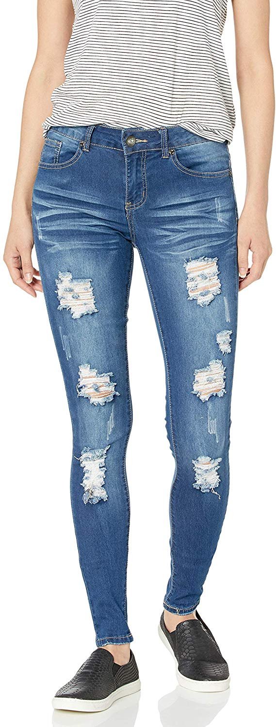 Cute Teen Girl Size Cute Mid Rise Waisted Ripped Torn Skinny Juniors, COP Blue Distressed, JR Plus 14 - image 3 of 4