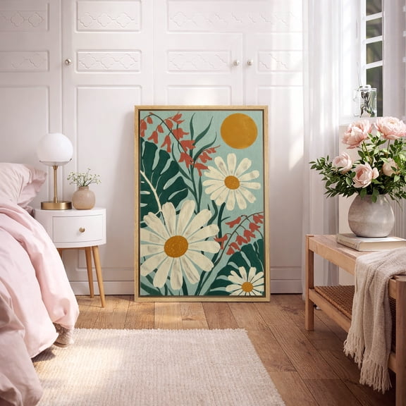 Framed Canvas Wall Art Daisy Floral Botanical Print for Living Room Decoration - 16"x24" NATURAL